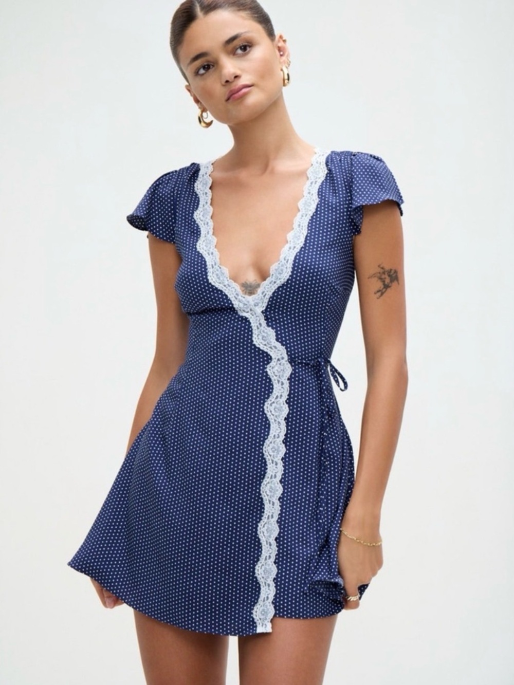 Frankie's Bikinis Navy Polka Dot Wrap Mini Dress with White Lace
